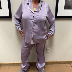 Christine Lingerie Silk Pajama Set Lavender Button Up Drawstring Pants – XL